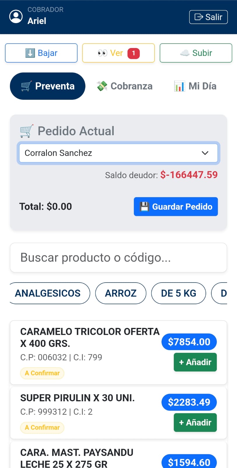 Interfaz de pedido en la app de preventa