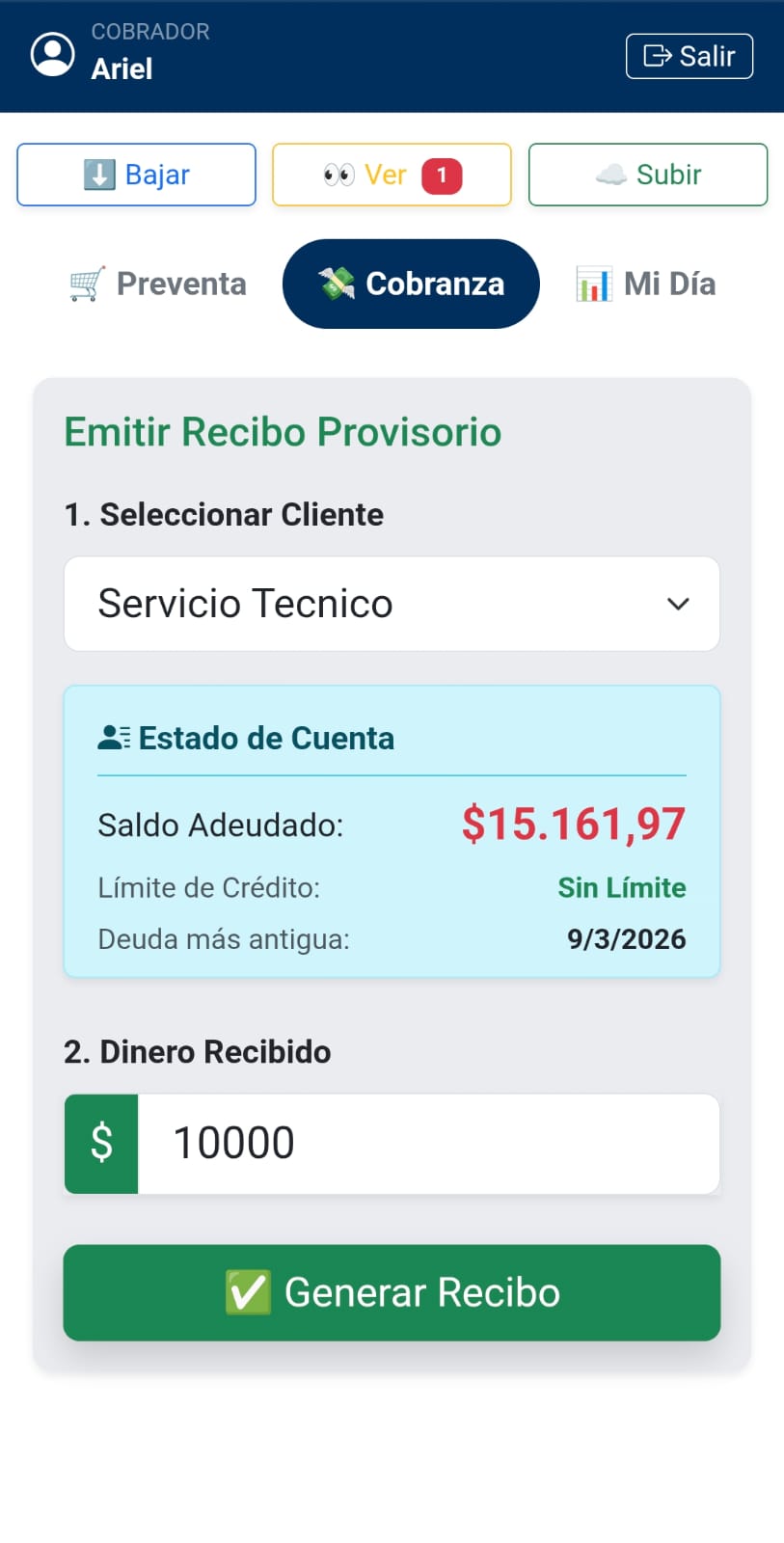 Interfaz de cobranza y recibo móvil